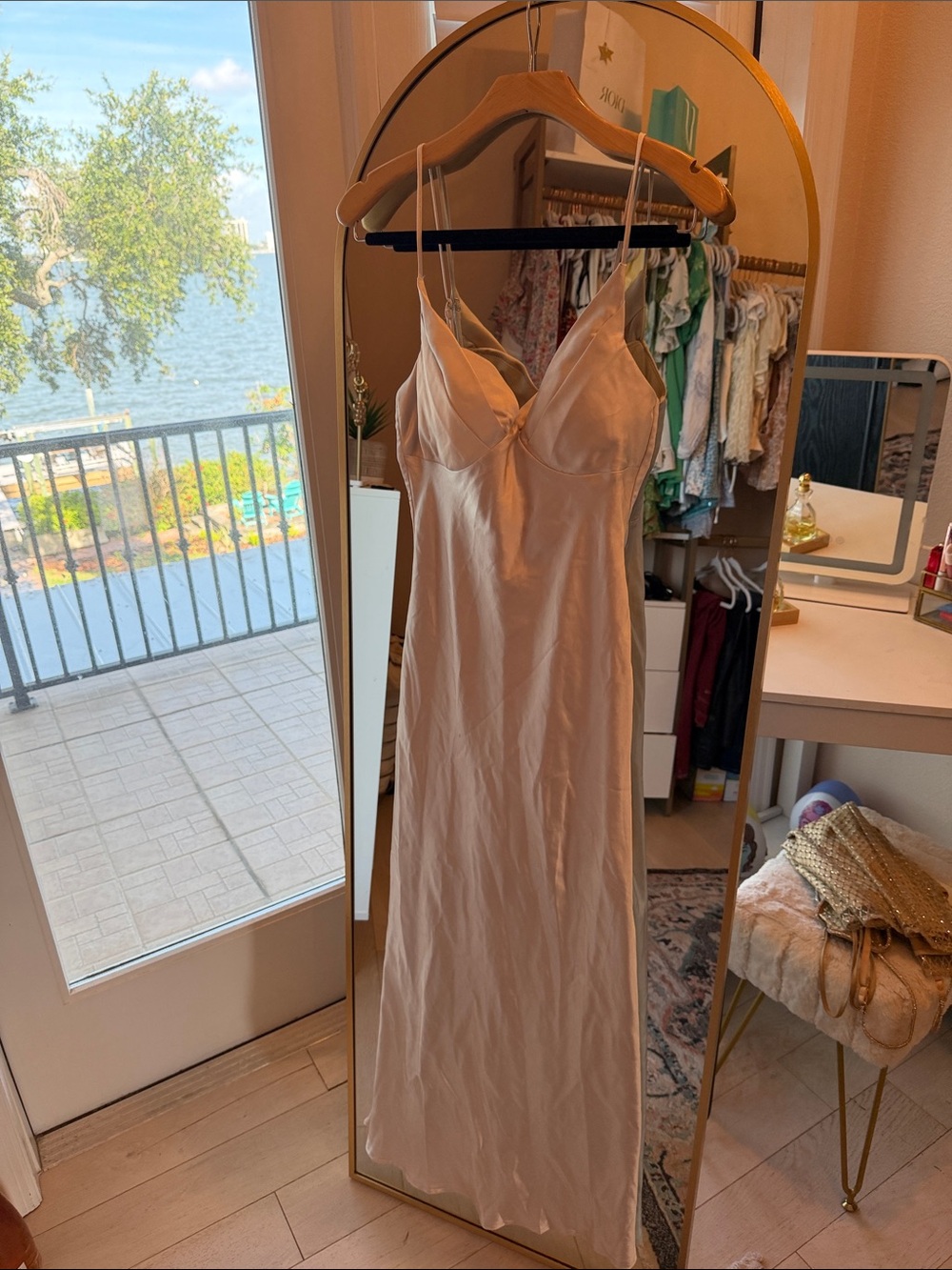 Hello Molly Cream Satin Slip Dress with Adjustable Spaghetti Straps